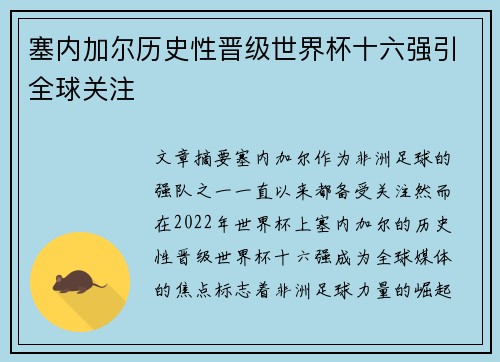 塞内加尔历史性晋级世界杯十六强引全球关注 塞内加尔历史性晋级世界杯十六强引全球关注