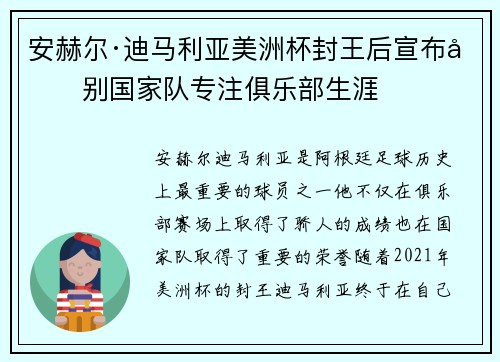 安赫尔·迪马利亚美洲杯封王后宣布告别国家队专注俱乐部生涯