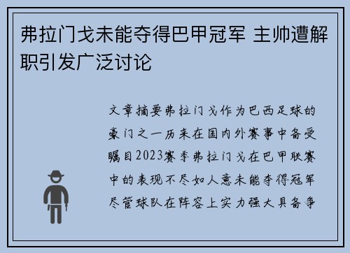 弗拉门戈未能夺得巴甲冠军 主帅遭解职引发广泛讨论